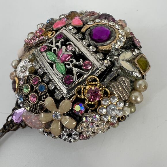 Handcrafted Bejeweled Handheld Mirror Miniature Ladies Mosaic Jewelry Beveled 5" - Picture 4 of 12